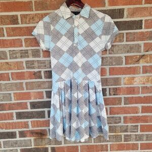 Faded Rose Retro Checker Plaid Blue and White Medium Junior's Pleated Polo Dress